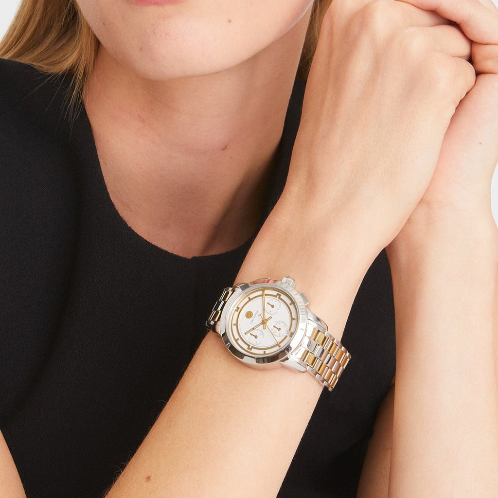 Tory Burch The Tory Chronograph White Dial Two Tone Steel Strap Watch for Women - TBW1052
